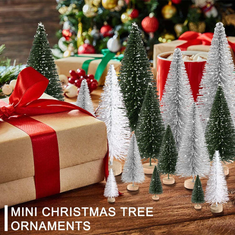 Miniature Green and White Plastic Tabletop Christmas Trees with Wooden Base