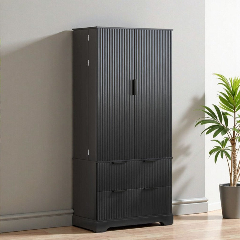 Armoire garde-manger cannelée 72 po avec porte-épices 72 po - 2 tiroirs et tablettes réglables, rangement en bois aggloméré noir