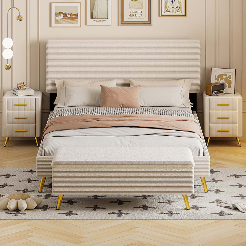 Ensemble de chambre à coucher 4 pièces avec grand lit tapissier avec repose-pieds et tables de chevet modernes en velours côtelé