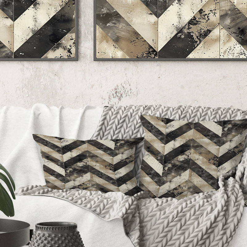 Imprimé à chevrons gris et noir III - coussin décoratif moderne, H 16 po x l 16 po