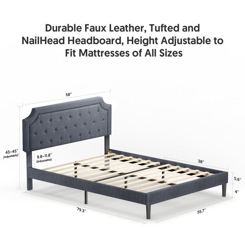 Toman Steel Bed Frame Upholstered with Headboard, No Boxing Needed,  Full / Double, Light Gray