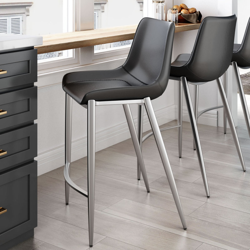 Upholstered Counter Stool with Metal Frame, Chrome, Black