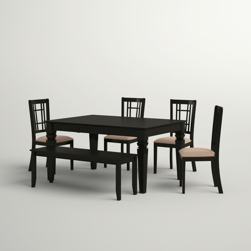 L'ensemble de table de cuisine 6 pièces contient une table de salle à manger rectangulaire avec feuille papillon et 4 chaises de salle à manger en tissu de lin avec un banc, noir