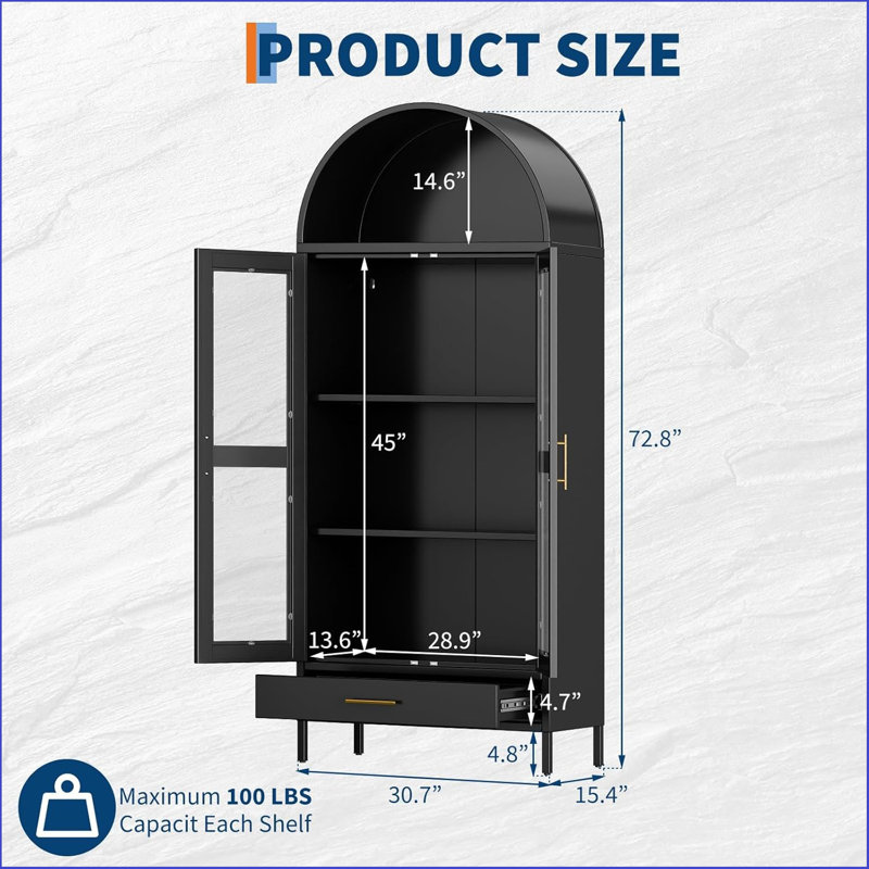 73" Arched Metal Storage Cabinet, Kitchen Pantry Cabinet With Glass Door, 2 Adjustable Shelves & Drawers,Modern Farmhouse Display Bookshelf ,Freestanding Display Cupboard For Living/Dinning Room, Black