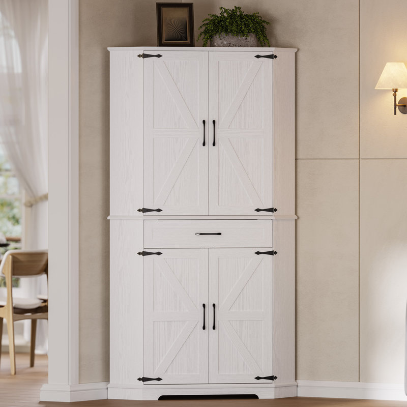 Armoire de coin avec tiroir, armoire de rangement de cuisine h 72 po avec portes de grange à 240 °, 5 tablettes, 2 compartiments fermés, blanc