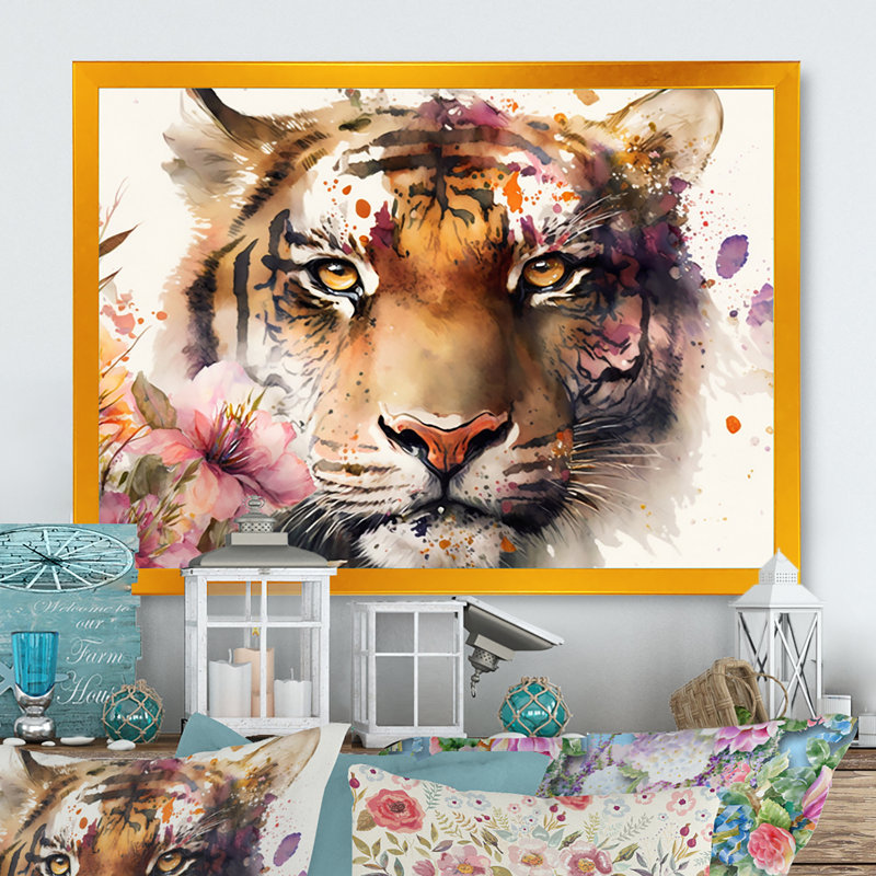 Portrait de tigre avec fleurs I - reproduction sur toile, H 30 po x l 40 po x P 1,5 po, Impression dorée sur toile encadrée