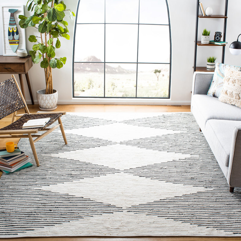 Janke Geometric Handwoven Flatweave Cotton Dark Navy/Ivory Area Rug, Rectangle 8' x 10'