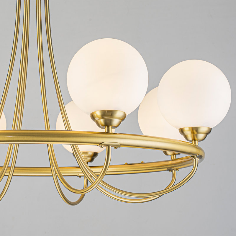 Lustre sphère en laiton Mid-Century moderne à 8 lumières, roue de chariot réglable avec abat-jour en verre blanc laiteux