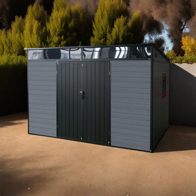 Outdoor Resin Storage Shed with Floor & Window, Lockable Door for Tools & Bikes