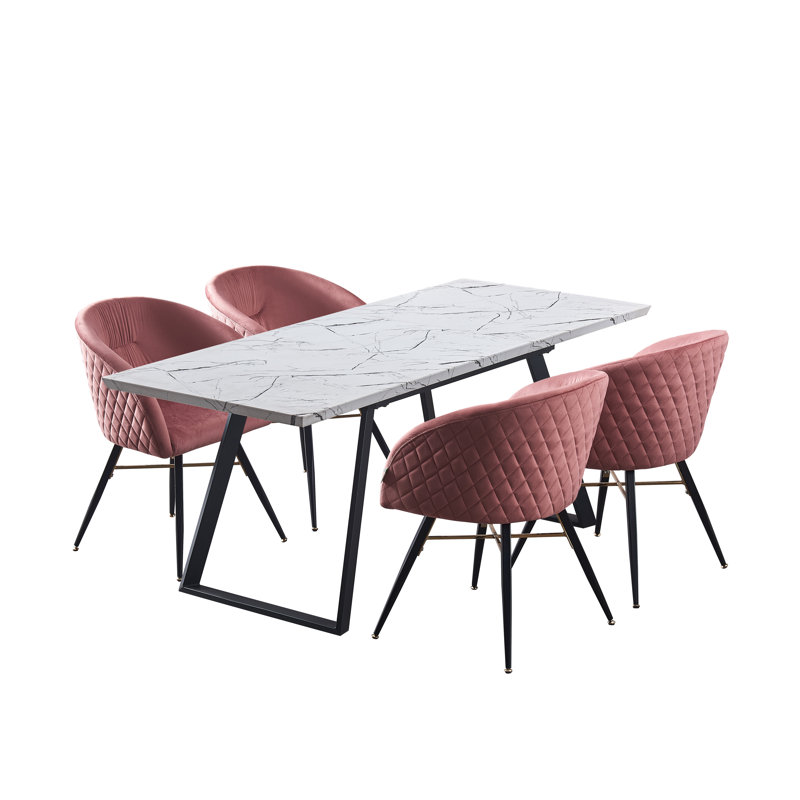 Goddard 4 Person Dining set - a Rectangular Extendable Dining Table with Metal Legs and a Set of 4 Quilted Velvet Dining Chairs for Dining Room - Modern Dining Table Set