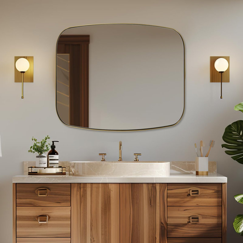 Miroir de salle de bain ovale moderne | Cadre en acier inoxydable, Or brossé, 36 po x 30 po