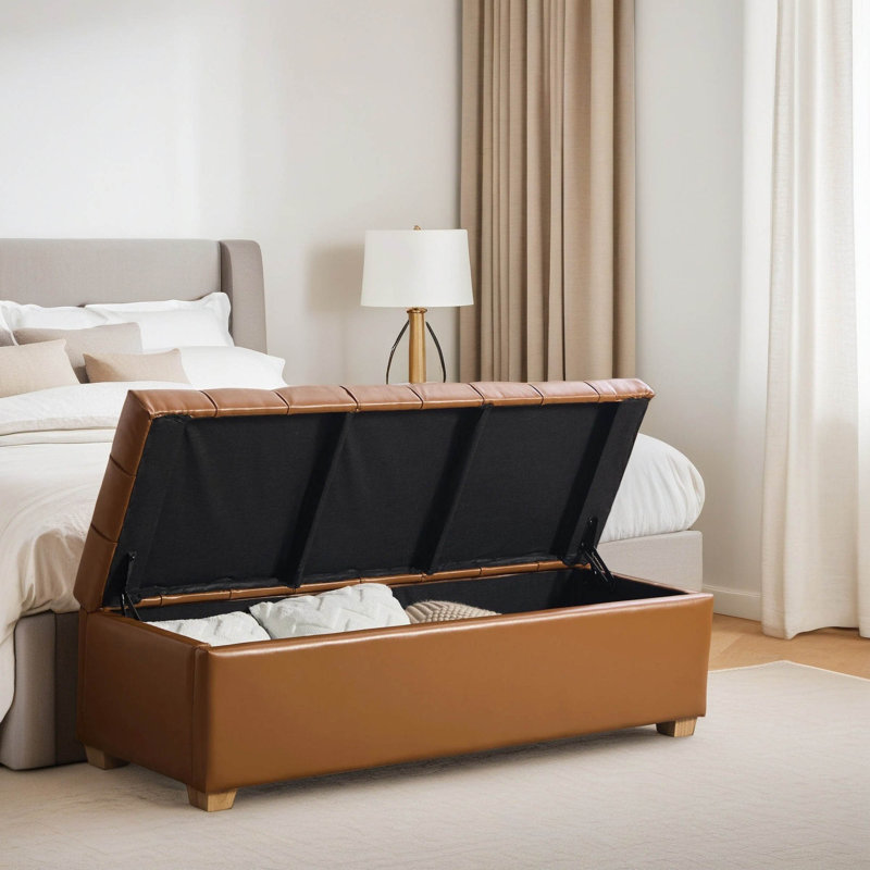 Banc de rangement rembourré en polyuréthane 60,2 po avec dessus capitonné, Brown