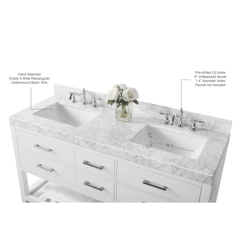 Elizabeth 60'' W Double Vanity, White/Brushed Nickel, Carrara White Marble