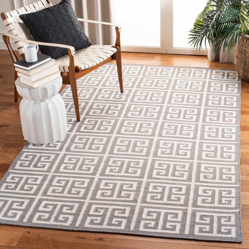 Tapis géométrique ivoire en laine / coton tissé à la main Rodgers, Rectangle 8 pi x 10 pi