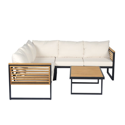 Ensemble de coin de patio industriel 4 pièces, structure en bois d'acacia massif et tuyaux en fer noir, canapés gauche et droit avec pièce d'angle et table basse pour le jardin ou le toit