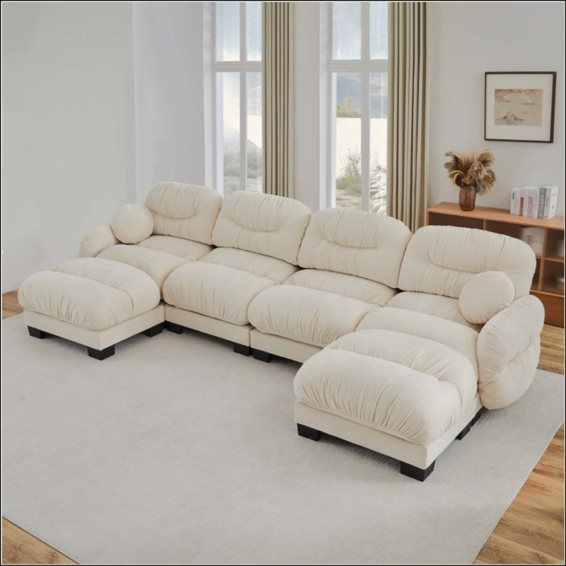 Canapé modulaire confortable à 4 places en tissu de chenille plissé avec siège ergonomique en mousse haute densité, canapé modulaire en forme de U avec 2 repose-pieds, accoudoirs arrondis arrondis et 2 coussins décoratifs ronds