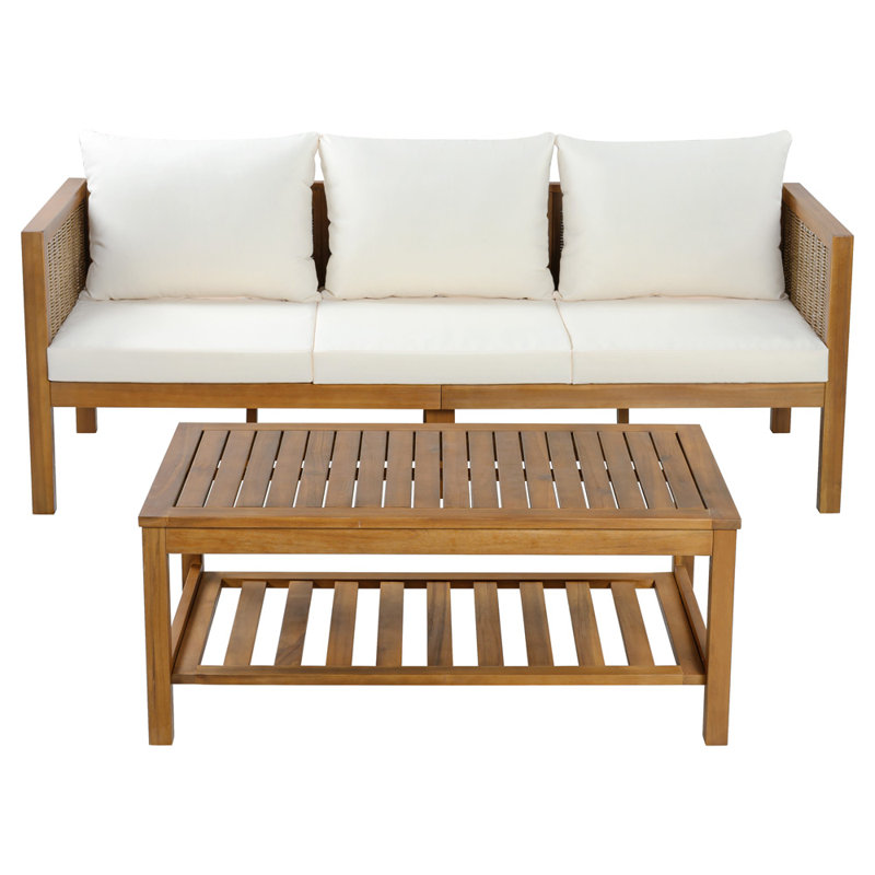 Canapé de patio avec tables basses, table basse rectangulaire et coussins, ensemble de conversation pour l'extérieur, Beige