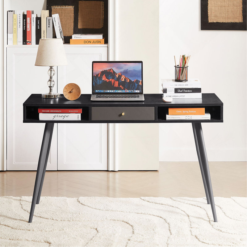 Bureau d'écriture Mid-Century avec ports USB et prise de courant Bureau d'écriture avec tiroirs, bureau d'ordinateur multifonctionnel noir