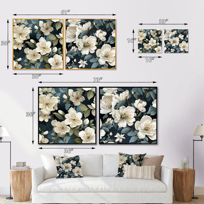Ensemble de 2 carrés gris et orchidées en fleurs, Cadre flottant noir, H 30 po x l 61 po