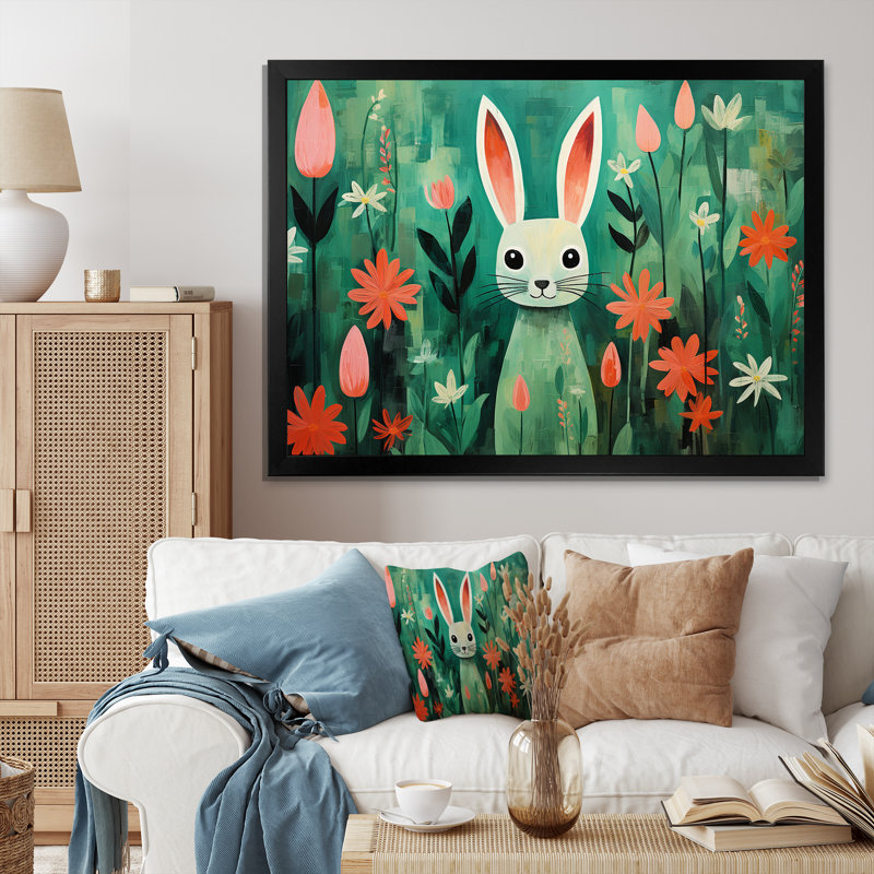 Vert et rose, fleurs de lapin, prairies - Lapin, art mural, Cadre d'angle fermé noir, H 30 po x l 40 po x P 1,5 po