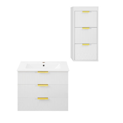 Armoire flottante murale 24 po avec armoire latérale, meuble-lavabo rectangulaire, petit lavabo de salle de bain avec trou de robinet simple et trop-plein, armoire de salle de bain moderne avec lavabo en céramique