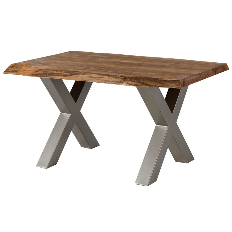 Solid Wood Top Metal Base Dining Table, Nature, Silver, 77 cm H x 160 cm L x 90 cm D