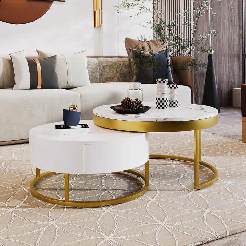 Table basse ronde moderne avec tiroirs en blanc
