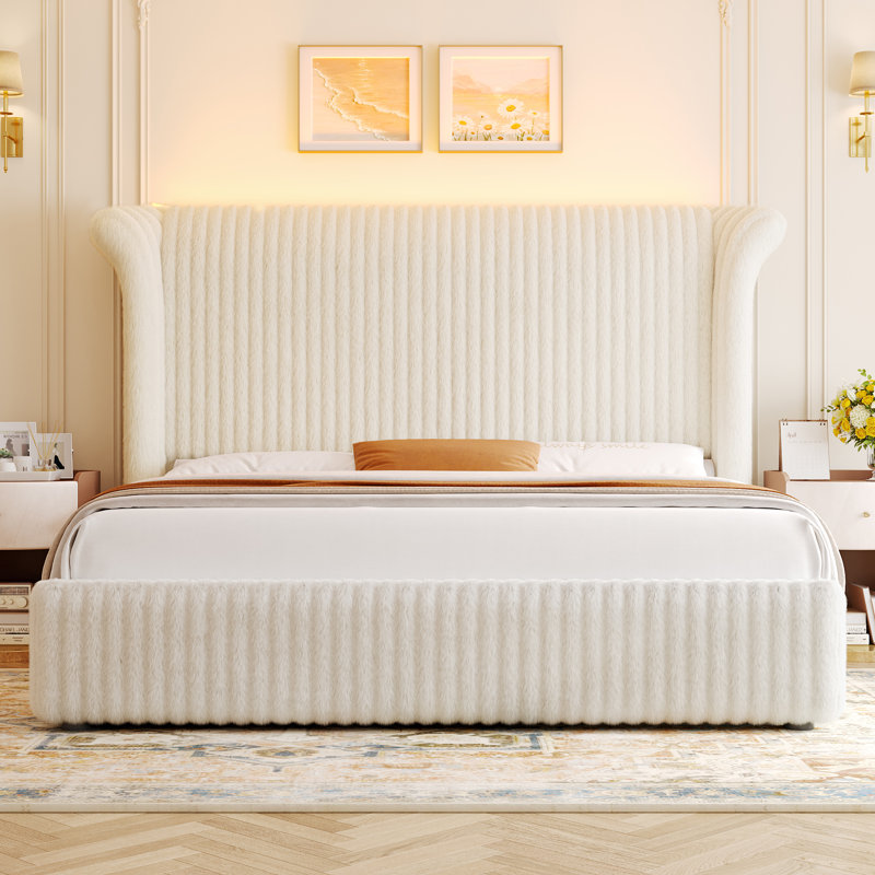 Upholstered Bed Frame With 55" Tall Headboard, Soft Corduroy Fabric Platform Bed, Noise-free, No Box Spring Needed, King