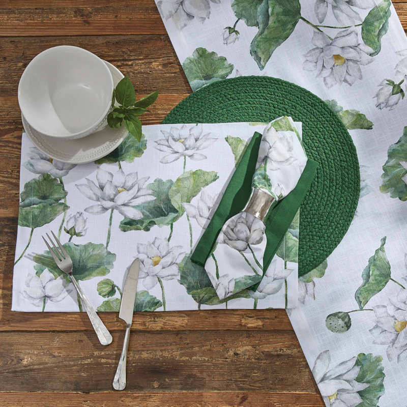  White Lotus Green Floral Table Runner 14" x 54"