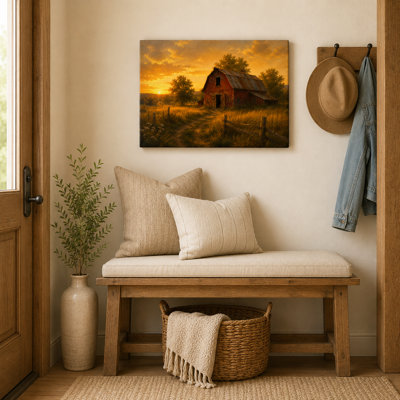 Morning Mist Barn Wrapped Canvas Wall Art, Soft Farmhouse Landscape Decor