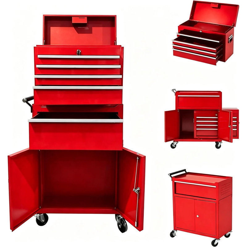 Coffre à outils robuste à 5 tiroirs, armoire à roulettes pour boîte à outils sur roulettes, organisateur de rangement d'outils en métal amovible 2-en-1 pour garage et atelier, chariot à outils verrouillable en acier avec boîte à outils supérieure portable, rouge