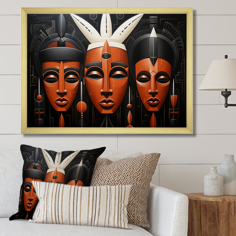 Masque africain noir et orange Kuba, Cadre doré à coins fermés, H 24 po x l 32 po x P 1 po