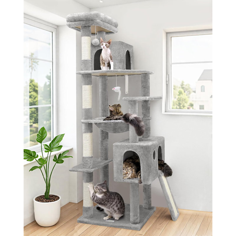 Très grand arbre à chat 70 po pour chats d'intérieur avec tour à griffer, Gris clair