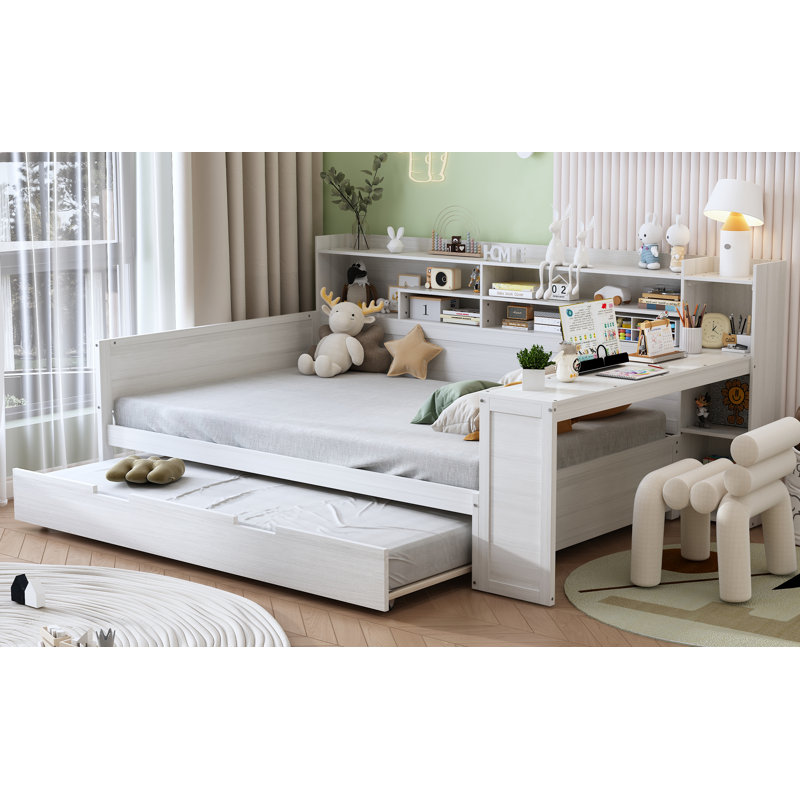 Multi-Functional Bed With Twin Size Trundle Bed And Study Desk, Antique White, Full