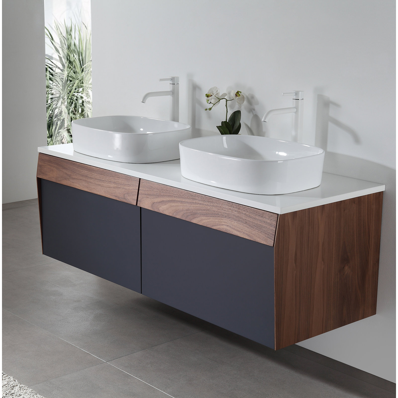 Lynwood 55" Cedar Double Bathroom Vanity, Light Brown/Dark Blue