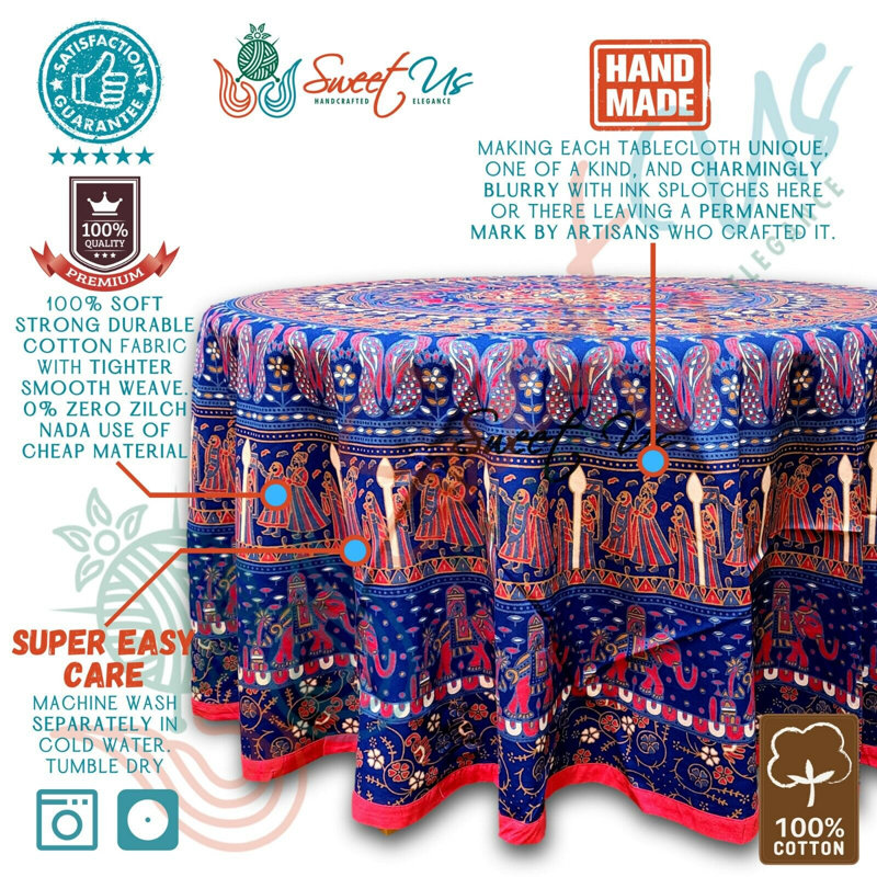 Handcrafted Round Blue and Red Cotton Tablecloth