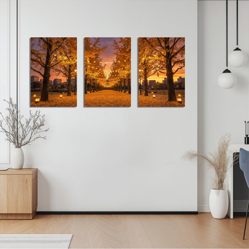 «Autumn Tree Pathway With City Skyline», reproduction d'art sur toile tendue sur toile, ensemble de 3, 1218