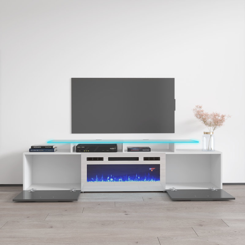 Aiyah Modern TV Stand for TVs up to 75" with Electric Fireplace, White/Gray