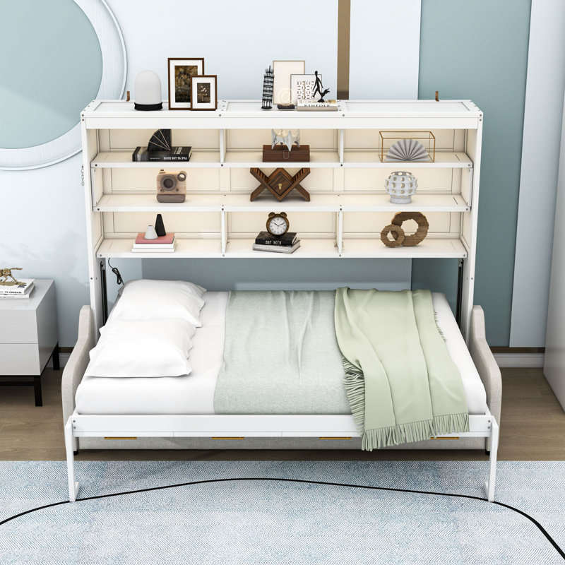 Lit escamotable avec canapé confortable intégré, éclairage DEL et tablettes Murphy, Double