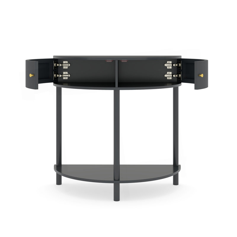 Console de demi-lune artisanale à motif ondulé et fini gris foncé, table d'appoint au design unique en forme de demi-lune avec 2 tiroirs de rangement et une étagère inférieure, idéale pour le salon, la chambre à coucher, le bureau ou le couloir.
