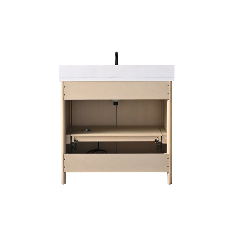 Meuble-lavabo sur pied 36 po avec plateau en pierre Milano Mist, tablette électrique dissimulée et support pour sèche-cheveux