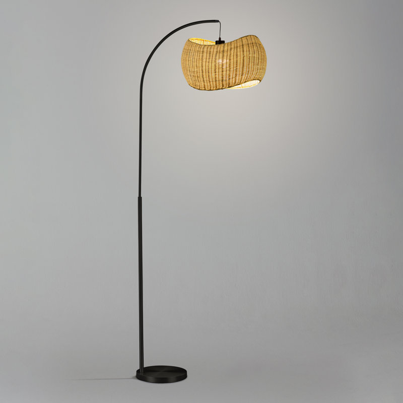 Wave Pendant 81 in. Arched LED Floor Lamp with Wicker Rattan Shade, Boho Style, Bulb Included