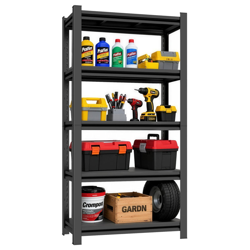 Étagère de rangement pour garage à 63 niveaux H 63 po, support réglable en métal robuste, organisateur autoportant pour entrepôt, sous-sol, buanderie et garde-manger, noir