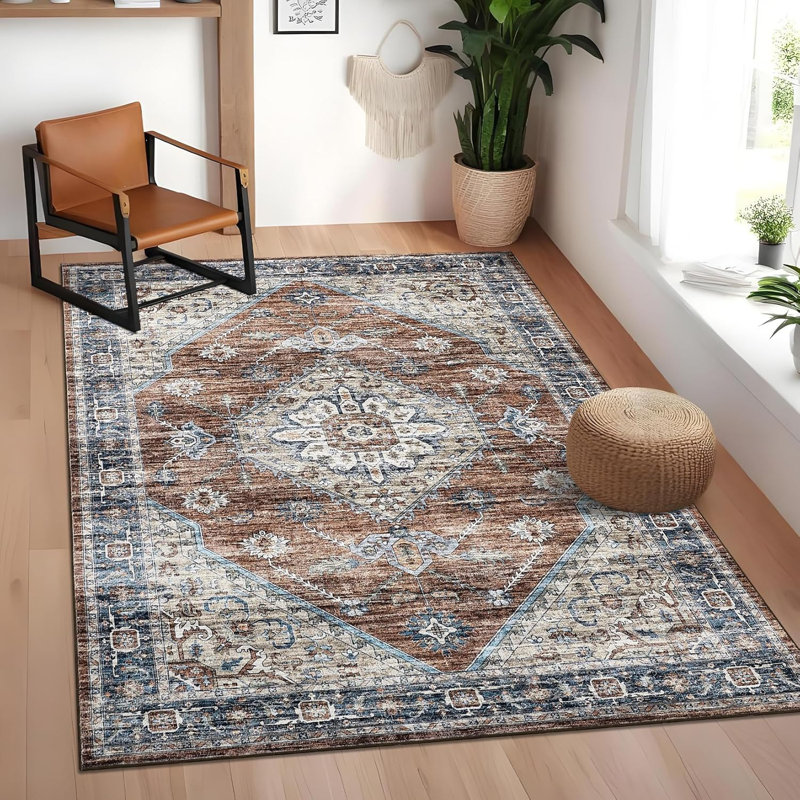 Washable Rugs 10x13 Area Rugs for Living Room, Vintage Floral Bedroom Rugs Indoor Accent Large Carpet Table Soft Non Slip Retro Floor Cover