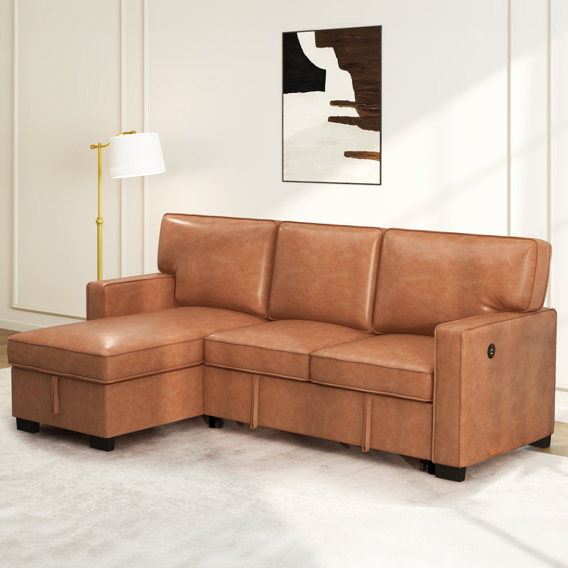 Shifnal 90.5" Wide Modern Upholstered Vegan Leather Multifunctional Chaise Sofa Bed With USB, Brown Faux Leather