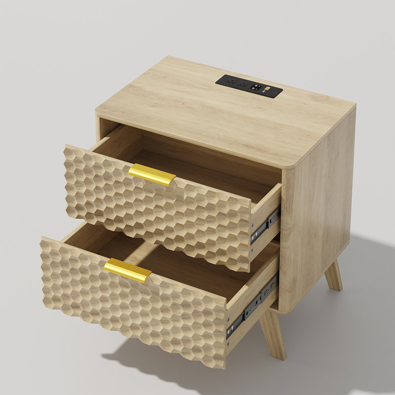 Table de chevet 2 tiroirs 23,6 po avec prises intégrées et lumière à capteur humain, Chêne