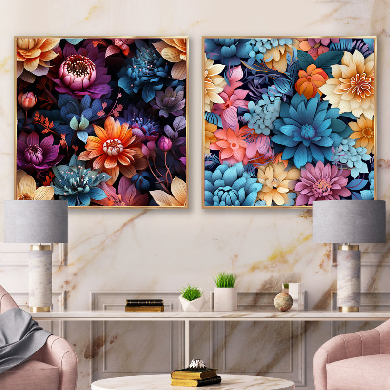 Harrelson - Ensemble de 2 collages carrés floraux, Cadre flottant doré, H 30 po x l 61 po