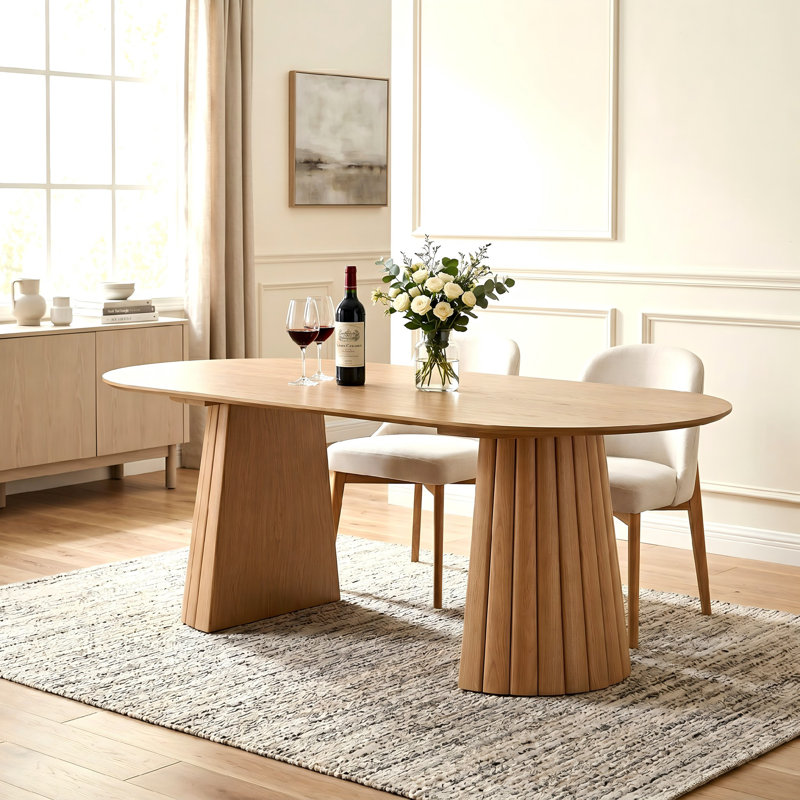 Table Ã  manger ovale moderne Ã  double pied central en bois, 79 po, avec piÃ¨tement en bois massif, pour 8 personnes