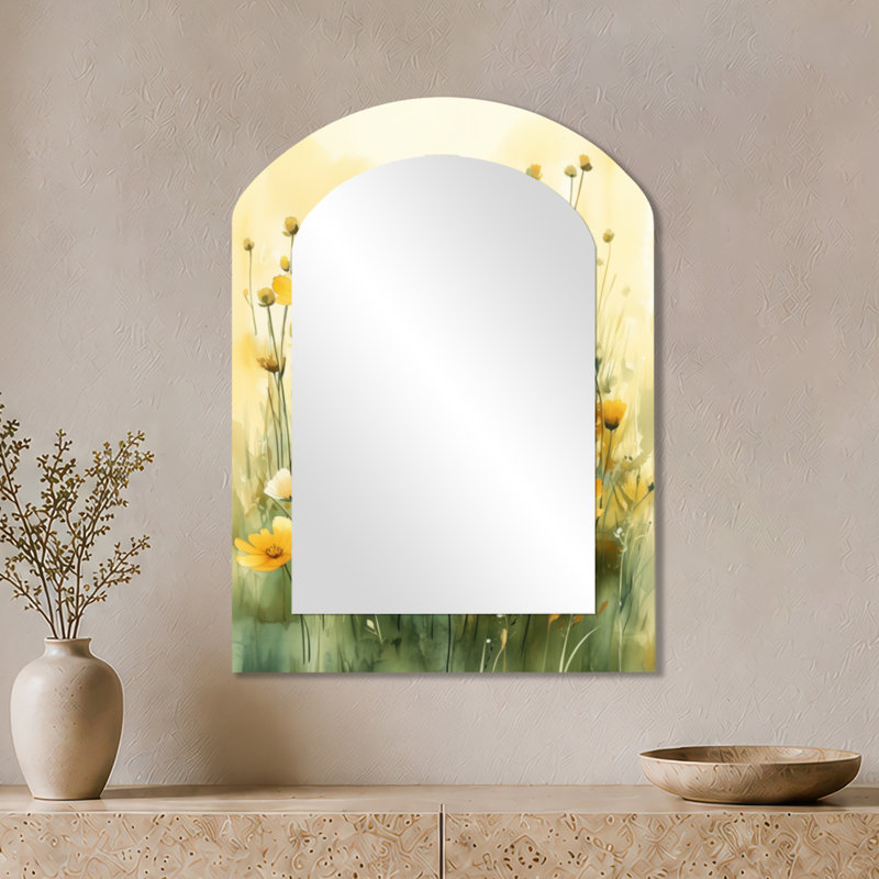 Miroir mural beige à motif floral arqué - Golden Prairie Light, impression métallique, 34" x 25"