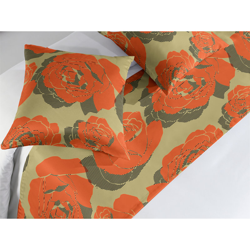 Ensemble de chemin de lit Ambesonne Rosetta avec imprimé de fleurs roses modernes vert pistache vermillon, Très grand lit